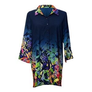 Women's Chiffon Shirt Flowy Blouse Abstract Navy Size M 3/4 Sleeve NWT Klaveli